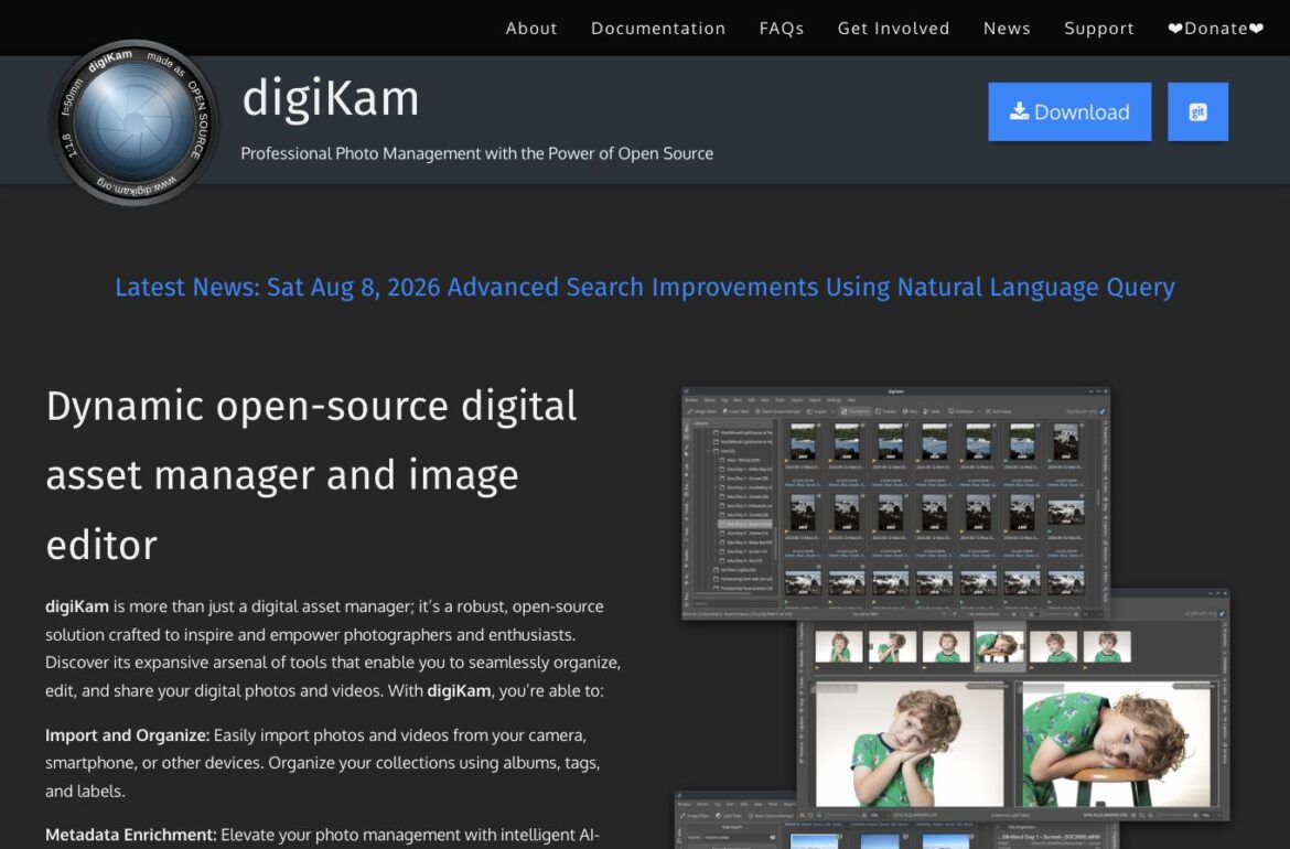 digiKam Website mit Oberfläche der Open-Source-Bildverwaltung – Screenshot für den digiKam-Review