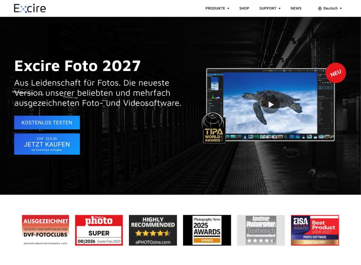 Excire Foto 2027 Produktseite mit KI-Bildverwaltung – Screenshot für den Review