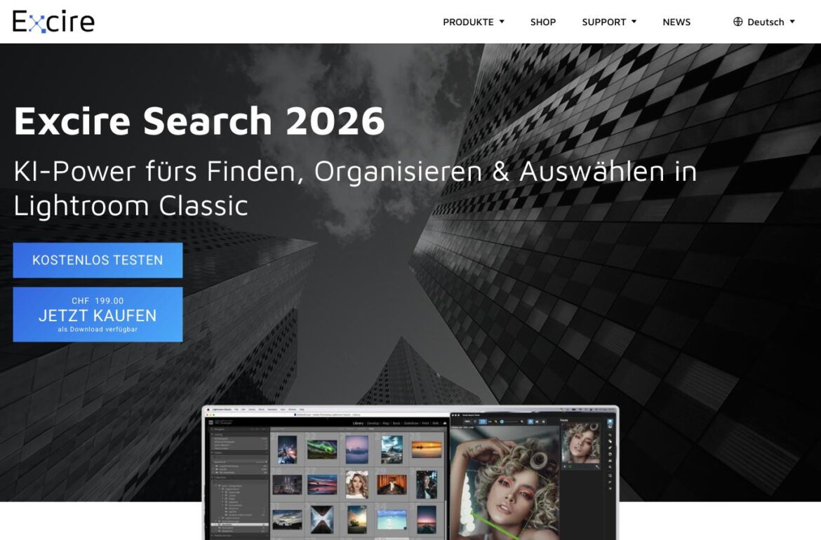 Excire Search 2026 Produktseite – KI-Plugin für Lightroom Classic, Screenshot für den Review