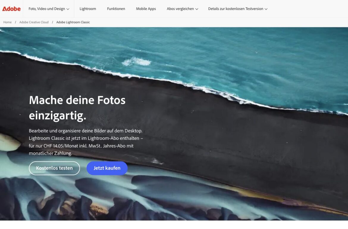 Adobe Lightroom Classic Produktseite Schweiz – Screenshot für den KI-Review