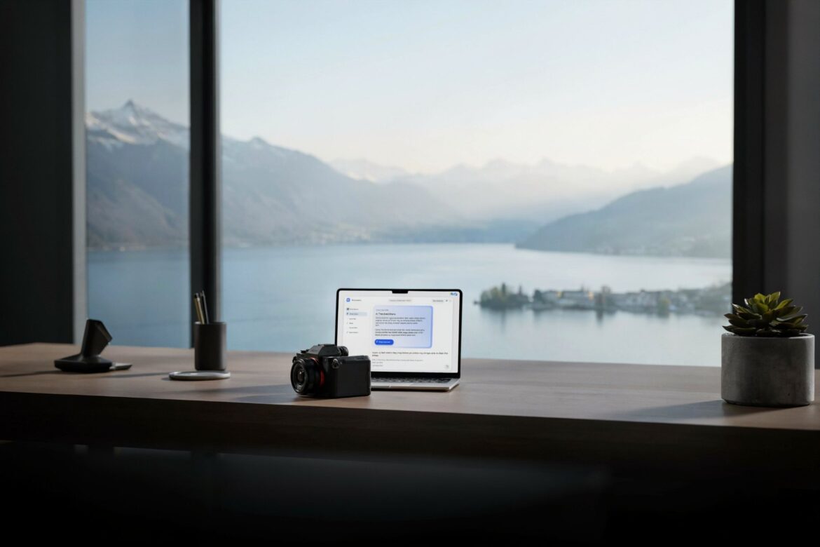 Schreibtisch am Fenster mit Seeblick, Kamera und Laptop mit KI-Chat