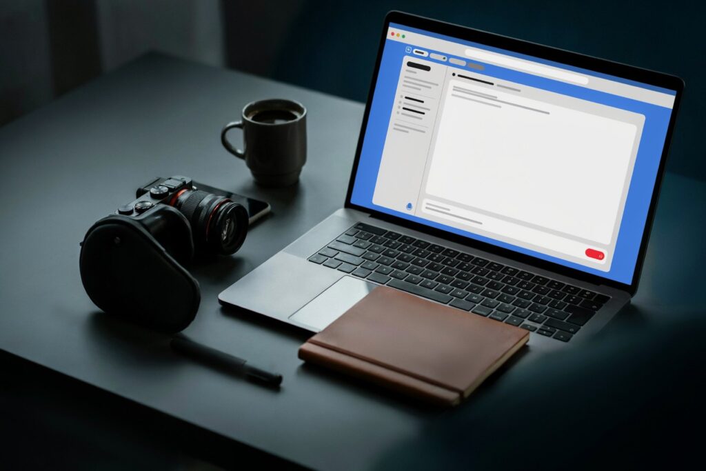 Fotografen-Arbeitsplatz mit Kamera, Laptop mit KI-Chat und Notizbuch