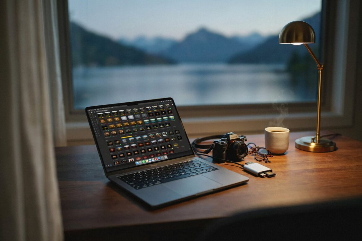 Laptop mit Bildauswahl-Raster am Fenster mit Seeblick, daneben Kamera und Kartenleser