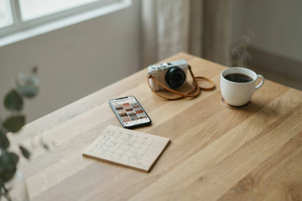 Smartphone mit Social-Media-Bildraster, Kamera, Kaffee und Content-Kalender auf Holztisch