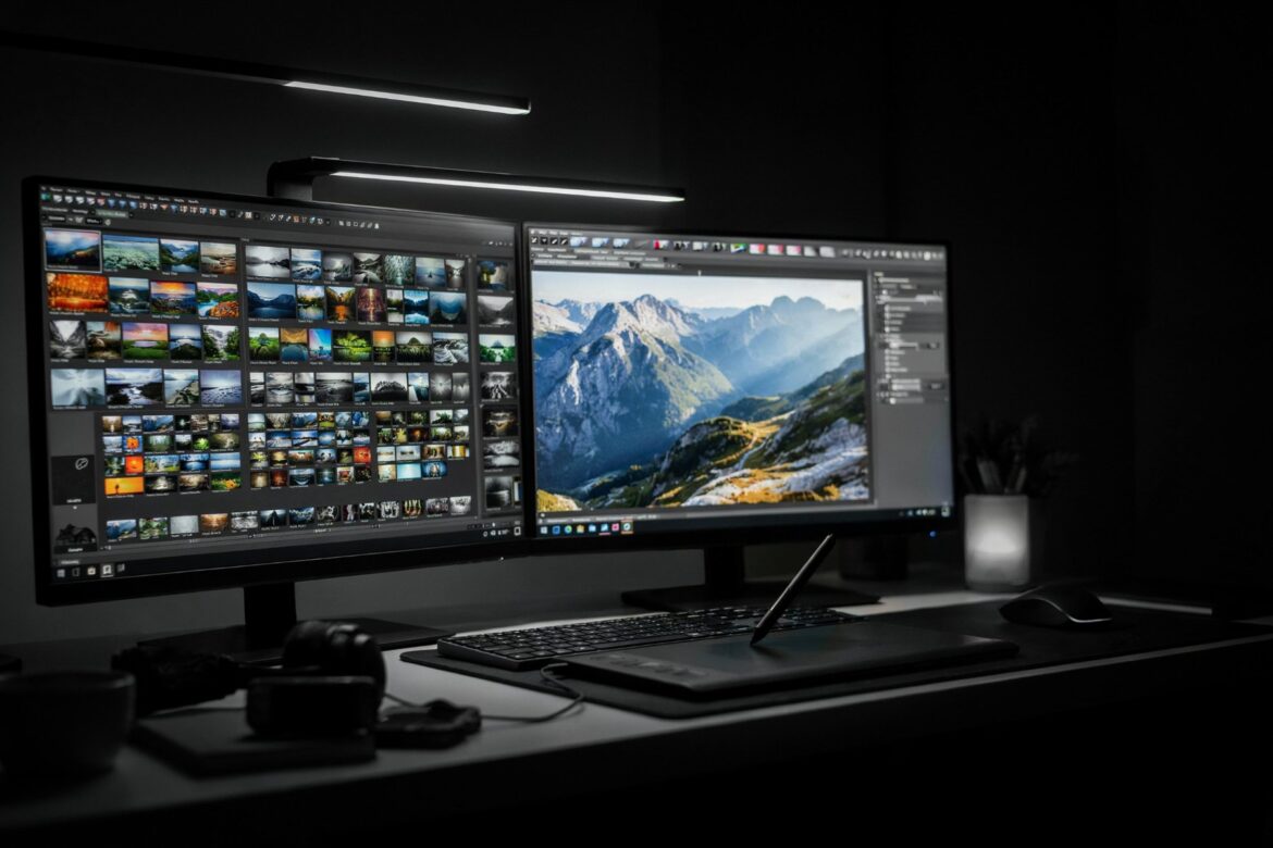 Fotografen-Arbeitsplatz mit zwei Monitoren: Bildübersicht links, Landschaftsbearbeitung mit Ebenen rechts