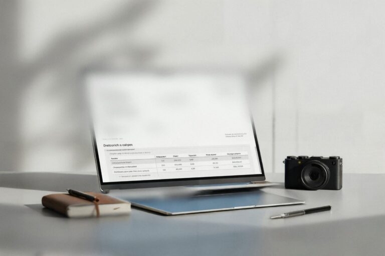 Laptop mit Offerte und Preistabelle neben Kamera und Notizbuch